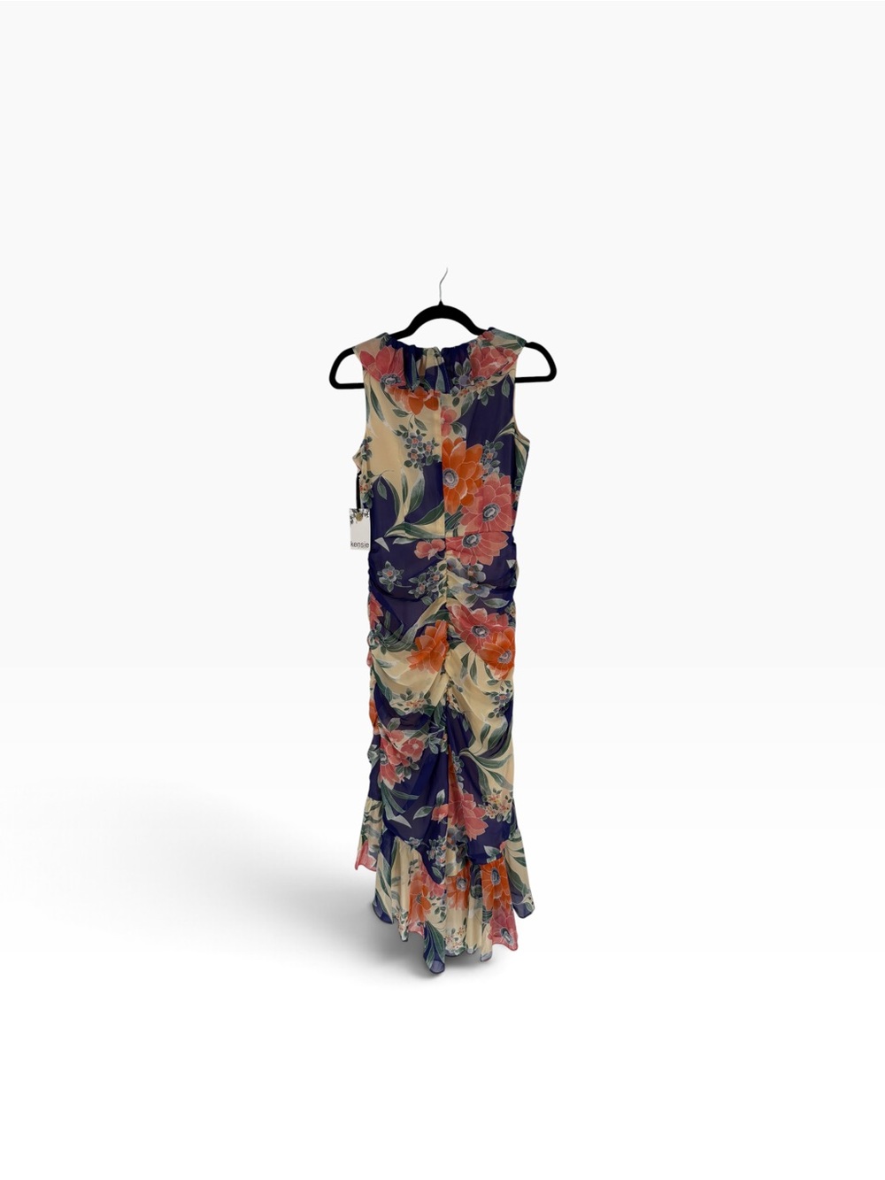 New Kensie Navy Floral Ruffle Wrap Midi Dress with Orange & Cream size 2 - Picture 3 of 5